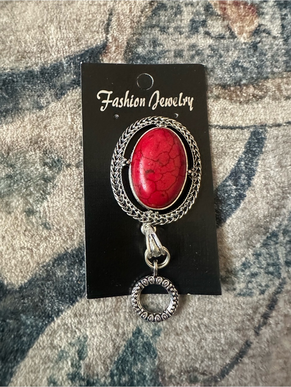 Magnetic Badge Holder Jewelry Red Stone Pendant Necklace - Silver Tone